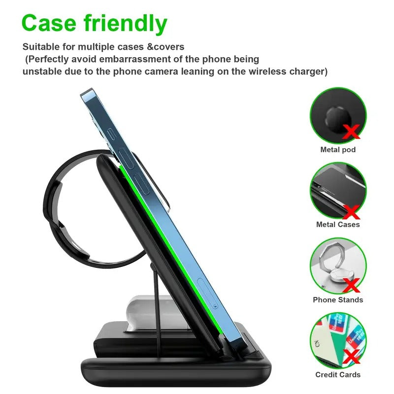 3 in 1 Wireless Charger, 15W Fast Wireless Charging Station, 3-in-1 Wireless Phone Charging Dock Stand Compatible
