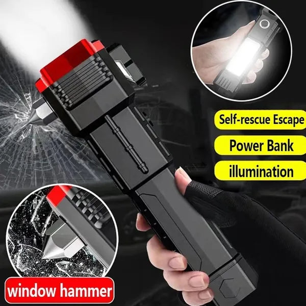 Portable Rechargeable Torch LED Flashlight Long Distance Beam Range with Power Bank, and Magnets, Window Glass Seat Belt Cutter 4 Modes for Car Camping Hiking Indoor Outdoor