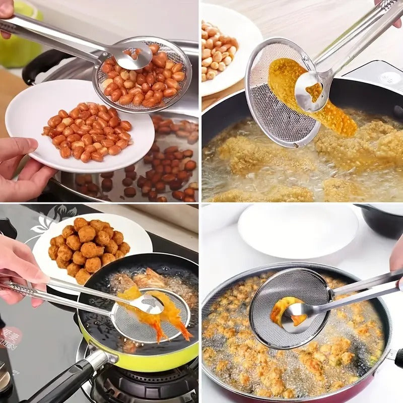 2 in 1 Fry Tool Filter Spoon Strainer with Clip,Oil Frying BBQ Filter Stainless Steel Mesh Strainer Kitchen Tool Collapsible Strainer