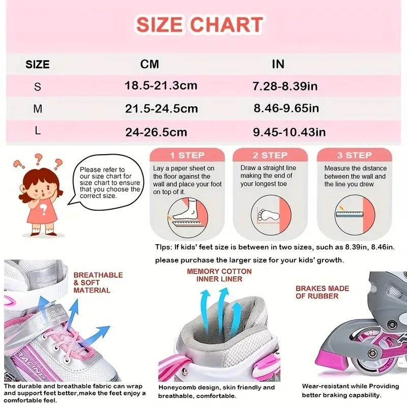 4 Wheels Adjustable Inline Skates Skating Shoes for Boys Kids Girls Skating Shoe Adjustable Roller Blades Age 6 to 15 Years PU Strong Wheels Aluminium with LED Flash Light on Wheels (Pink)