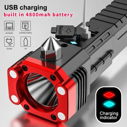 Portable Rechargeable Torch LED Flashlight Long Distance Beam Range with Power Bank, and Magnets, Window Glass Seat Belt Cutter 4 Modes for Car Camping Hiking Indoor Outdoor