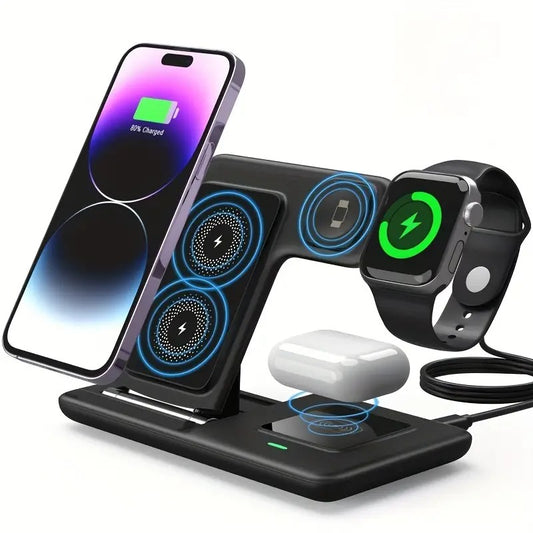 3 in 1 Wireless Charger, 15W Fast Wireless Charging Station, 3-in-1 Wireless Phone Charging Dock Stand Compatible